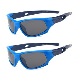 2 Pack Kids Sunglasses with Glasses Strap Polarised Sports Glasses for Boys and Girls Age 3-12 with Sunglasses Bag, Blue + Blue