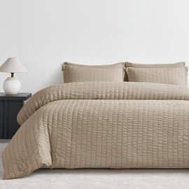 JELLYMONI Seersucker Comforter Set Full Size with Sheets, Khaki Fluffy Bed in a Bag 7-Pieces, All Season Bedding Sets with Comforter, Pillow Sham, Flat Sheet, Fitted Sheet, Pillowcases