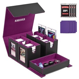 Card Deck Box for MTG with Commander Display, 5 in 1 Card Storage Box Fits 400+ Double-sleeved Cards, Removable Deck Case for TCG/Sports Cards with Dice Tray, 4 Magnetic Card Holders (Black Purple)