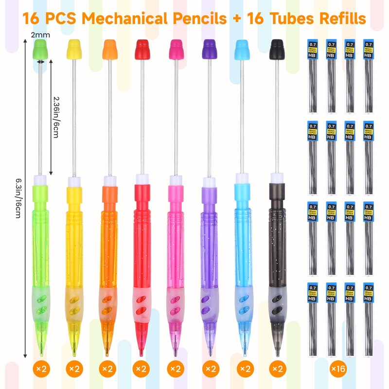 16Pcs Beadable Mechanical Pencils Bulk with 16 Lead Refills (8
