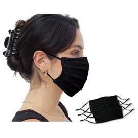 Simlu 3 Pack Unisex Reusable Pleated Fabric Face Mask with Adjustable Elastic, 2 Layer, Washable, Nose Wire Black Face Mask for Men Women and Kids