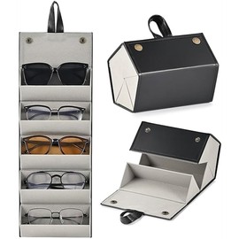 Sunglasses Travel Case, 5-Slot Glasses Storage Box, Foldable Glasses Storage Case, PU Leather Eyewear Storage Box, Multiple Travel Organizer, Hanging Case for Women Men