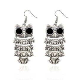 JeRy Fashion Vintage Style Big Black Eyes Owl Stud Earrings Multi-Layered Retro Exaggerated Earrings for Women (antique silver)
