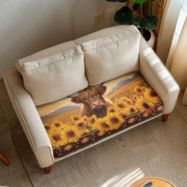 Wanzuoeng Highland Cow Print Sofa Cushion Cover Sunflower Print Couch Cushion Slipcovers, Removable Sofa Cushion Covers for 2 Cushion Couch, Wear-Resistant Sofa Seat Slipcovers for Pets