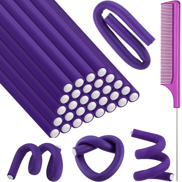 30 Pieces Flexible Curling Rods Twist Foam Hair Rollers Soft Foam No Heat Hair Rods Rollers and 1 Steel Pintail Comb Rat Tail Comb for Women Girls Long and Short Hair (Purple, 9.45 x 0.47 Inch)
