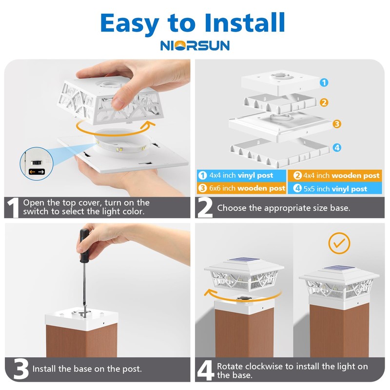 NIORSUN Solar Post Lights Outdoor 6 Pack, 2 Modes LED,