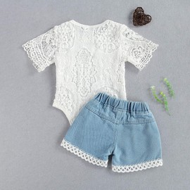 Juflam Toddler Infant Baby Girl Clothes Embroidered Lace Romper Ripped Jeans Denim Pants Outfit Set (White-short, 6-12 Months)