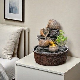 Brown Gray Resin Jar Hand-painted Flowing Carvings. Warm Lamp Fountain Decoration. Simple Rustic Texture Artistic Appeal. HomeColor: As picture, Size: One Size