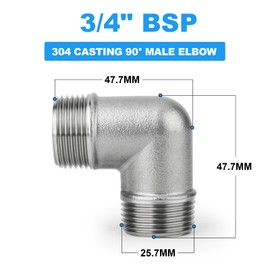 ERGAOBOY 2 Pcs 304 Stainless Steel 90-Degree Male Elbow Pipe Fitting 3/4" BSP Male Pipe Fitting