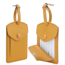 Kevancho Leather Smart Luggage Tags for Men Women, Suitcase Labels Baggage Tote Bag Tag ID Tags with Full Back Privacy Cover for Carnival Cruise Ship, Travel Accessories Tags Set of 2 PCS(Yellow)