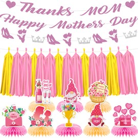 Hokinaa Mother's Day Party Decorations - 12 Pcs Pink Happy Mother Banner Table Honeycomb Centerpieces Thanks Paper Tassel Supplies Decor for Mama Mom in Law Wife From Daughter Son Indoor Outdoor Home