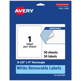 Avery Matte White Sticker Project Paper, Removable Rectangle Labels, 8.5" x 11", 50 Removable Labels, Laser/Inkjet Printable Labels