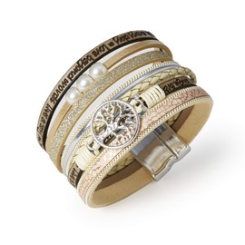 AIODE Tree of Life Boho Multilayer Leather Wrap Bracelet for Women Shiny Bracelet Jewelry(Beige)