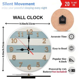 Rustic Wooden Wall Clock Home Decor Farmhouse Style Coastal Blue White Stripes 10-Inch Wooden Wall Clock, Silent Movement, Battery Operated (AA Batteries Not Included), Artistic Home Decor, Perfect Fo