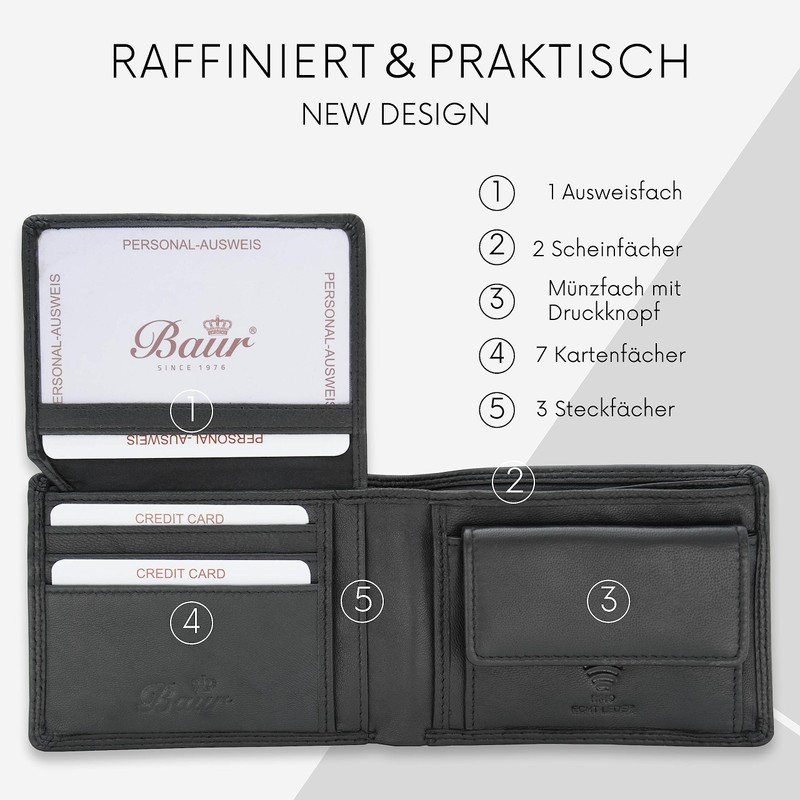 Baur Men's Genuine Leather Wallet with RFID Protection, Landscape Format,