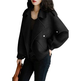 utcoco Women Cropped Wool Coats Notched Lapel Pea Coat Open Front Trench Overcoat Jackets with Pockets (X-Small, Black)
