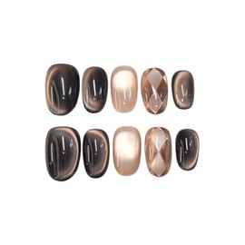 Maillard Style Cats eye Short Oval press on nails, deep brown tones, combination of milk tea color+tartan. Featuring accent color designs.(Mailland, Medium hands)