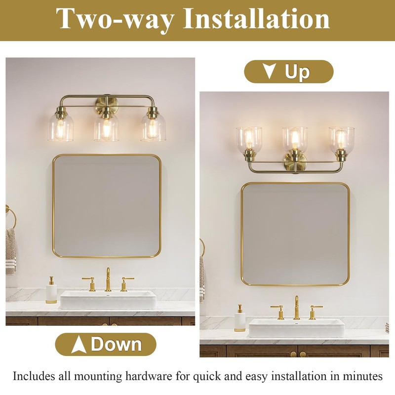 Mecgirn 3 Light Gold Vanity Lights for Bathroom, Bathroom Light