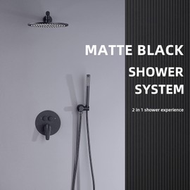 TRUSTMI Push Button Shower System, Brushed Brass Gold 10 Inch Rainfall Shower Set, Pressure Balanced Shower, Rough-In Valve and Trim Kit Include, Wall Mount