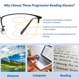 SooGree Progressive Multifocus Reading Glasses Half Frame Transition Presbyopic Eyewear Anti Eyestrain Computer Readers Metal Frame Spring Hinge No Line Eyeglasses