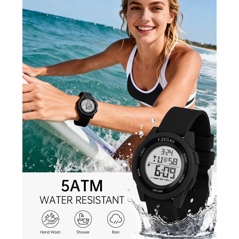 F.ZEGAO Digital Watch Womens with Stopwatch Alarm, 10ATM Waterproof Watches