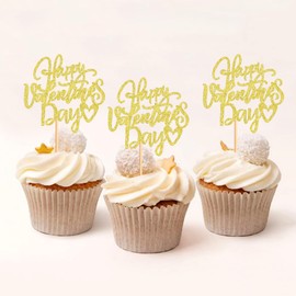 Keaziu - Paquete de 24 adornos dorados para magdalenas para el día de San Valentín, para decoración de pasteles, San Valentín, boda, fiesta, suministros de día de San Valentín, color dorado 3