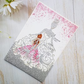 FASTERCY 50PCS Silver Laser Cut Princess Dream Invitations Cards For Birthday Sweet 15 Quinceañera Party Invites Wedding Bridal Shower Engagement (Silver Glitter)
