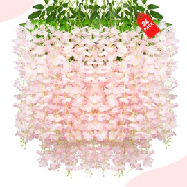 ZEBMOON 24 Pack Light Pink Wisteria Hanging Flowers, 3.77 Ft Fake Hanging Flowers, Artificial Wisteria Garland Vines for Wedding Room Backdrop Outdoor Patio Garden Decoration
