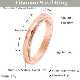 FASHGOOD 3mm Titanium Steel Fidget Anxiety Rings for Women Men,Wave Spinner Rings for Women,Rhombus Fidget Ring for Stess Relief,Wedding Band Ring,Rose Gold Ring,Women's Rings 7
