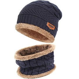 Mens Womens Winter Beanie Hat Scarf Set Warm Knit Hat Thick Fleece Lined Winter Cap Neck Warmer for Men Women