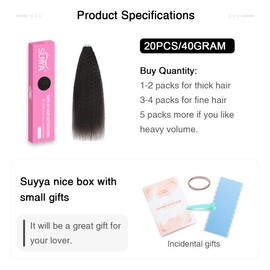 SUYYA Kinky Straight Tape in Extensions Natural Black Tape in Hair Extensions Human Hair Kinky Straight 12 Inch Skin Weft 40g/Pack 20PCS Tape INS for Women(#1B Natural Black)