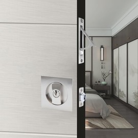 Hoconnie Keyed Pocket Door Lock with Edge Pull Privacy Handle - Square Sliding Door Lock, Invisible Recessed Handle, 66mm Silver