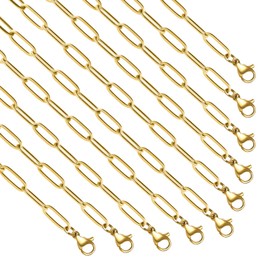 YOUBEIYEE 10 Pack 4mmx12mm Paperclip Necklace Chains Bulk Gold Plated Stainless Steel Necklace Chain Kit