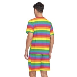 BRIVOKA Men's Rainbow Stripe Short Sleeve Pajama Set Rainbow PJ Set Summer Pajamas Nightwear with Pockets,2-piece Lightweight Sleepwear for Men XL