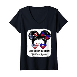 Womens American Grown Haitian Roots Girl Haiti Flag Heritage V-Neck T-Shirt