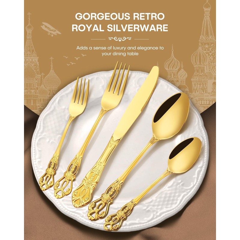 Stapava 60 Pcs Retro Royal Gold Silverware Set, Stainless Steel