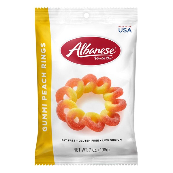 Albanese World's Best Gummi Peach Rings, 7oz Bag of Candy (Pack of 12)
