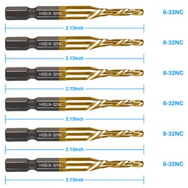 6-pc 8-32NC Combination Drill Tap Bit Set SAE, 8-32NC Thread Size, Titanium Coated High-Speed Steel, Ideal for Drilling Threading and Countersinking in Soft Metal Wood and Plastic, 1/4” Hex Shank