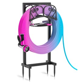 DAYSUP Garden Hose Holder, 4 Spikes Freestanding Water Hose Holder Reels, Heavy Duty Detachable Hose Stand with Storage Basket for Outside Yard Lawn (A-4 Spikes)