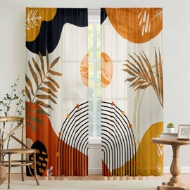 Colorful Boho Curtains Mid Century Modern Light Filtering Curtains 52X72Inch Abstract Leaves Retro Rainbow Living Room Curtain 2Pc Fun Geometric Drapes Yellow Plant Window Curtain for Bedroom