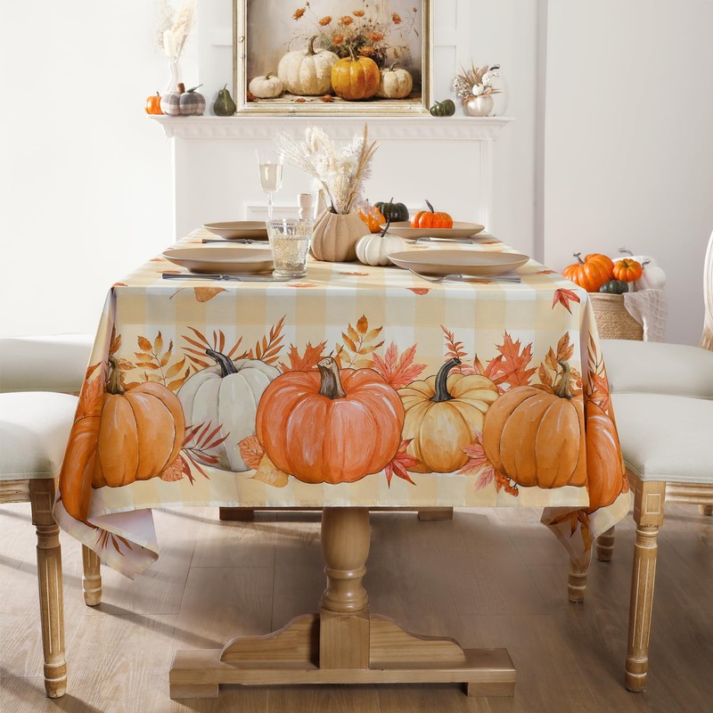 Softalker Autumn Table Cloth Wipe Clean Orange Pumpkin Gingham Tablecloth