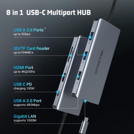 8 in 1 USB C Docking Station, USB C Hub, HDMI, 2xUSB 3.0, USB 2.0, SD/TF Reader, Gigabit Ethernet, 100W PD, use in Mac Air/Pro and More Type-C Devices