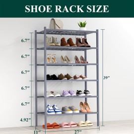 Smiry Bamboo Shoe Rack for Closet, 6 Tier Wooden Shoe Organizer, Stackable Free Standing Sturdy Shoe Shelf for Entryway, Front Door Entrance, Living Room, Bedroom, Grey