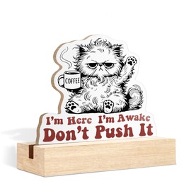 CTYNU Funny Cat Desk Decor Sign, I’m Here I’m Awake Don’t Push It Grumpy Cat Shaped Wood Sign Plaque with Wooden Stand for Home Office Desk Decor, Sarcastic Sleepy Humor Gift