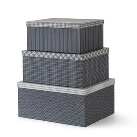 Soul & Lane Classic Plaid Christmas Blue Gift Boxes - Set of 3 - Holiday Decor Checkered Cardboard Storage Box, Decorative Keepsake Boxes with Lids for Presents, Clothing, Decoration