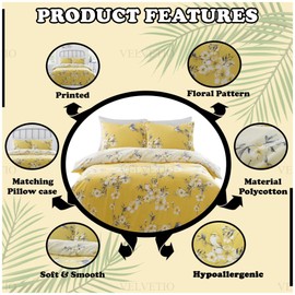 VELVETIO Luxury Birdie Blossom Floral Duvet Cover Sets with Matching Pillow case, Reversible Printed Birds Flower Bedding Quilt, Soft Polycotton Botanical Bedlinen Set, Single, Ochre