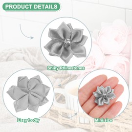 M METERXITY 200-Pack Satin Ribbon Flowers, 1.2 Inch Mini Fabric Flowers with Rhinestones Flower Ribbon Appliques for Crafts DIY/Wedding/Ornament/Party/Home [Light Gray]