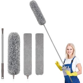 Extra-Long Dusters with Extension Pole 100-inch for Cleaning, Bendable Microfiber Head Washable Ceiling Fan Duster for High Ceilings, Furniture Household Extendable Window Cobweb Brush&Duster Steel - Colour: Gap Duster Set
