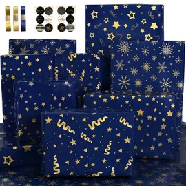 Wrapping Paper Flat Sheets, Blue Gift Wrapping Paper Set with Sticker Ribbon, Men Gift Wrap Birthday Wrapping Paper with Navy Blue and Gold Stripes Star Design, for Men Boy, for Birthday, Hanukkah,