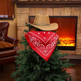 Chicingyou Western Cowboy Christmas Tree Topper Hat Velvet Cowboy Top Hat with Red Bandana for Xmas Tree Decoration, Holiday Party Decor, Western Themed Festive Ornament